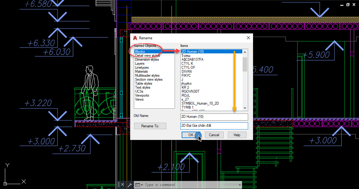 Cách đổi tên block trong AutoCAD lệnh Rename hocthatnhanh.vn