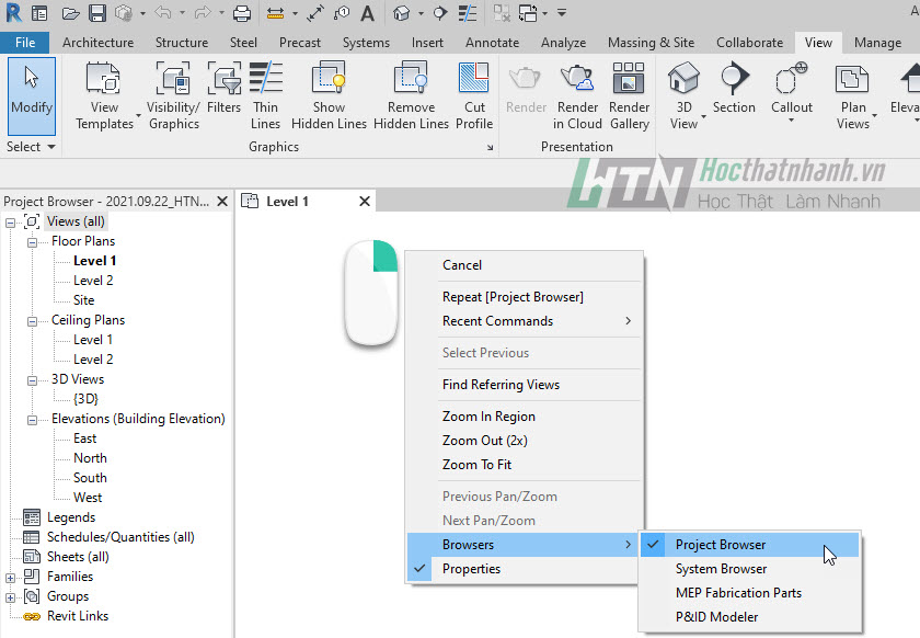 Cách mở Project Browser trong Revit 2 - HocThatNhanh.vn