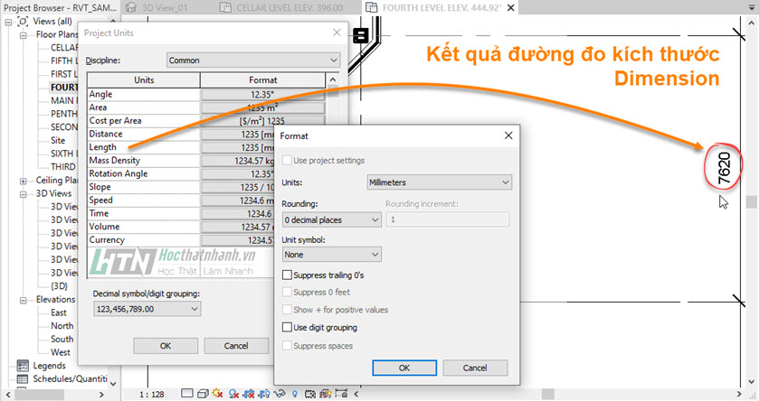 Kết quả đổi đơn vị trong Revit