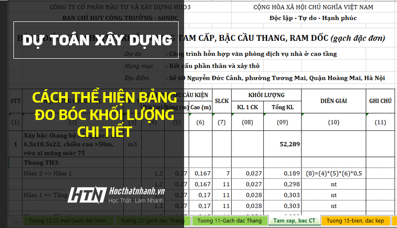 Cách thể hiện bảng bóc tách khối lượng chi tiết trên Excel?