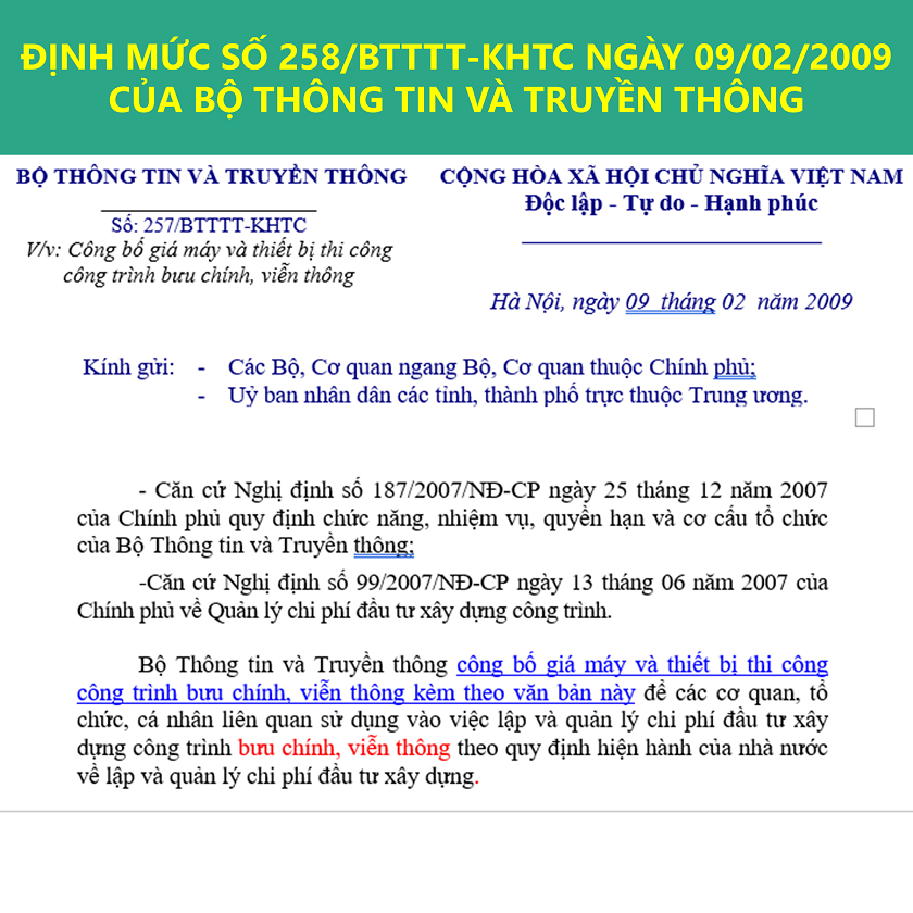 Định mức 258-(2009)-BTTTT-KHTC định mức xây dựng công trình Bưu chính viễn thông